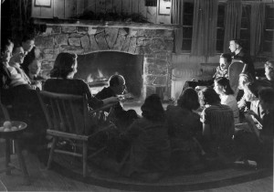 The Rev. Dr. J. Garland Waggoner, senior pastor of Storrs Congregational from 1927 to 1968, gathers with university students at a retreat in the 1950s.