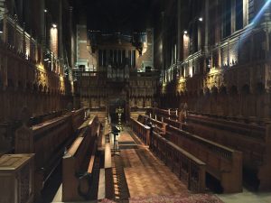 Inside the chapel, looking from the altar-end toward the back