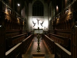 Inside the chapel, looking from the entrance toward the altar-end