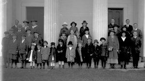 Sunday School children and their teachers, circa 1918. In the third row, far left, is Rev. Marshall Dawson, who was pastor in the early 20th century. Also in the third row, second from right, is G. Safford Torrey, a botany professor for whom the UConn Life Sciences Building is named.
